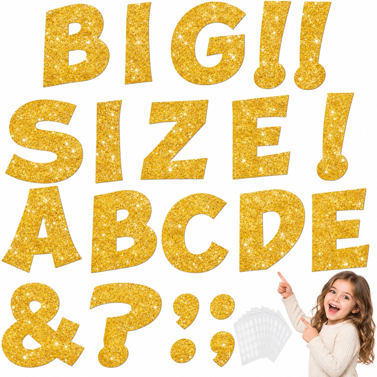 Glitterletterset voor prikborden – 124 letters (ca. 18 cm hoog) – 30 leestekens – 200 plakpunten – Geschikt voor klaslokalen – Decoratieve letters voor prikborden – Posterletters – Gemakkelijk te gebruiken – Goud