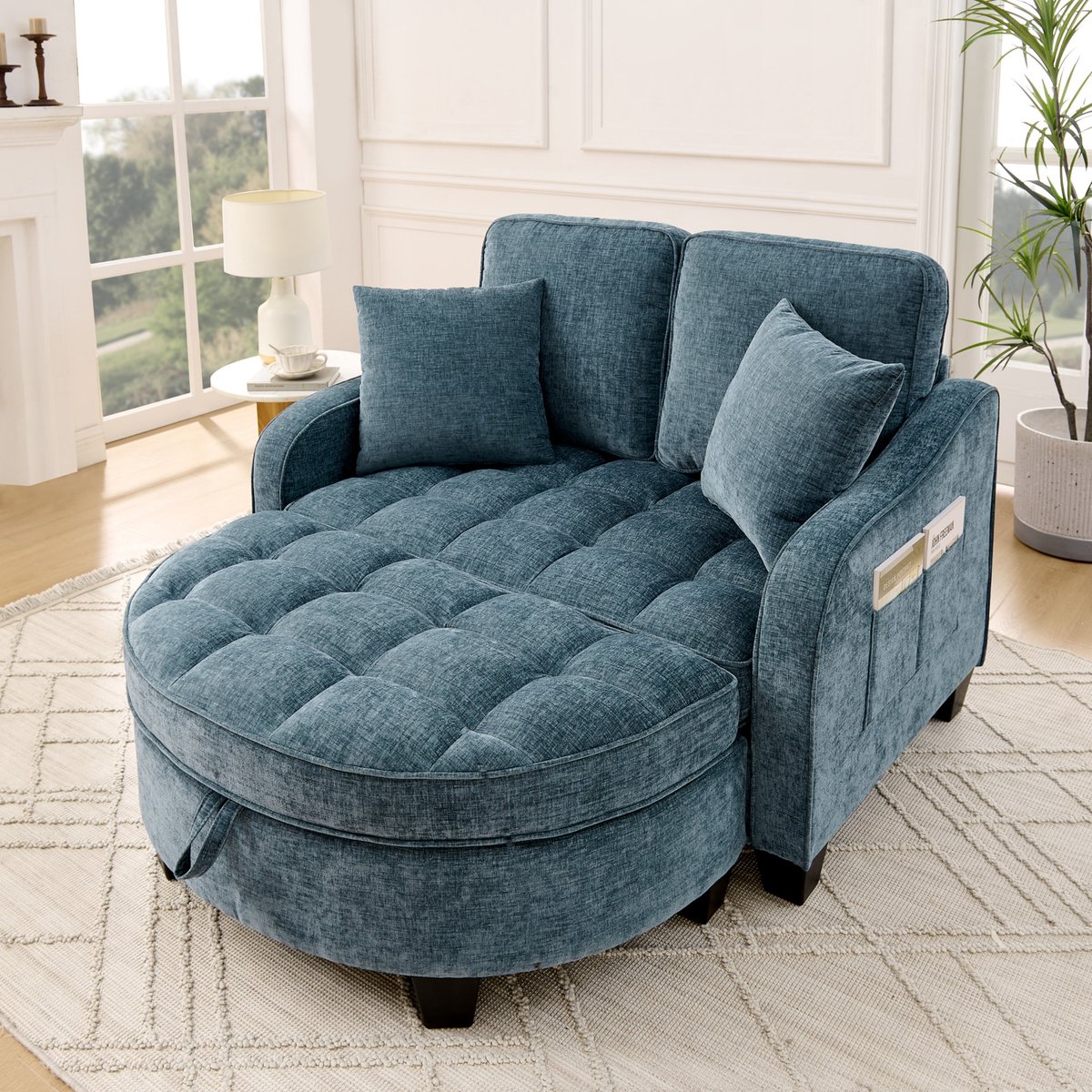 PHOEBE CAT Bank - Slaapbank - Inclusief 2 kussens - Met opbergvoetbank - Chenille-stof - Houten frame - Blauw