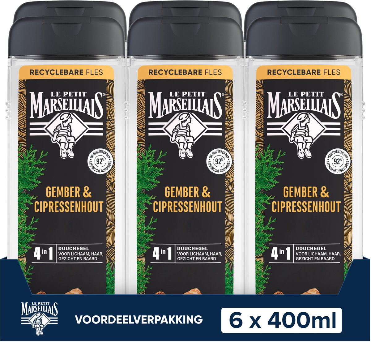 Le Petit Marseillais 4in1 douchegel voordeelverpakking - gember en cipressenhout - extra verfrissend effect - 6x400ml