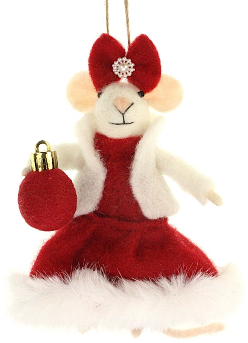 Muis met kerstjurk en kerstbal hangend vilt 10x11x14,5cm