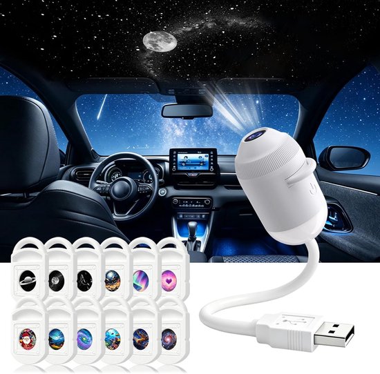 Projectorlamp - Met 12 Patronen - Sterren Projector - Planet Projector - Sterrenhemel projector - Sterren Nachtlamp - Galaxy Projector - Sterrenlamp - USB - Draagbaar - Plug-and-play - Met 360° Rotatie - Voor kamperen, auto, plafond en wanddecoratie