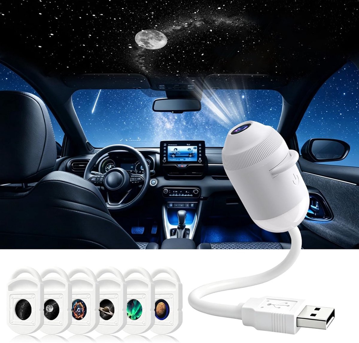 Projectorlamp - Met 6 Patronen - Sterren Projector - Planet Projector - Sterrenhemel projector - Sterren Nachtlamp - Galaxy Projector - Sterrenlamp - USB - Draagbaar - Plug-and-play - Met 360° Rotatie - Voor kamperen, auto, plafond en wanddecoratie