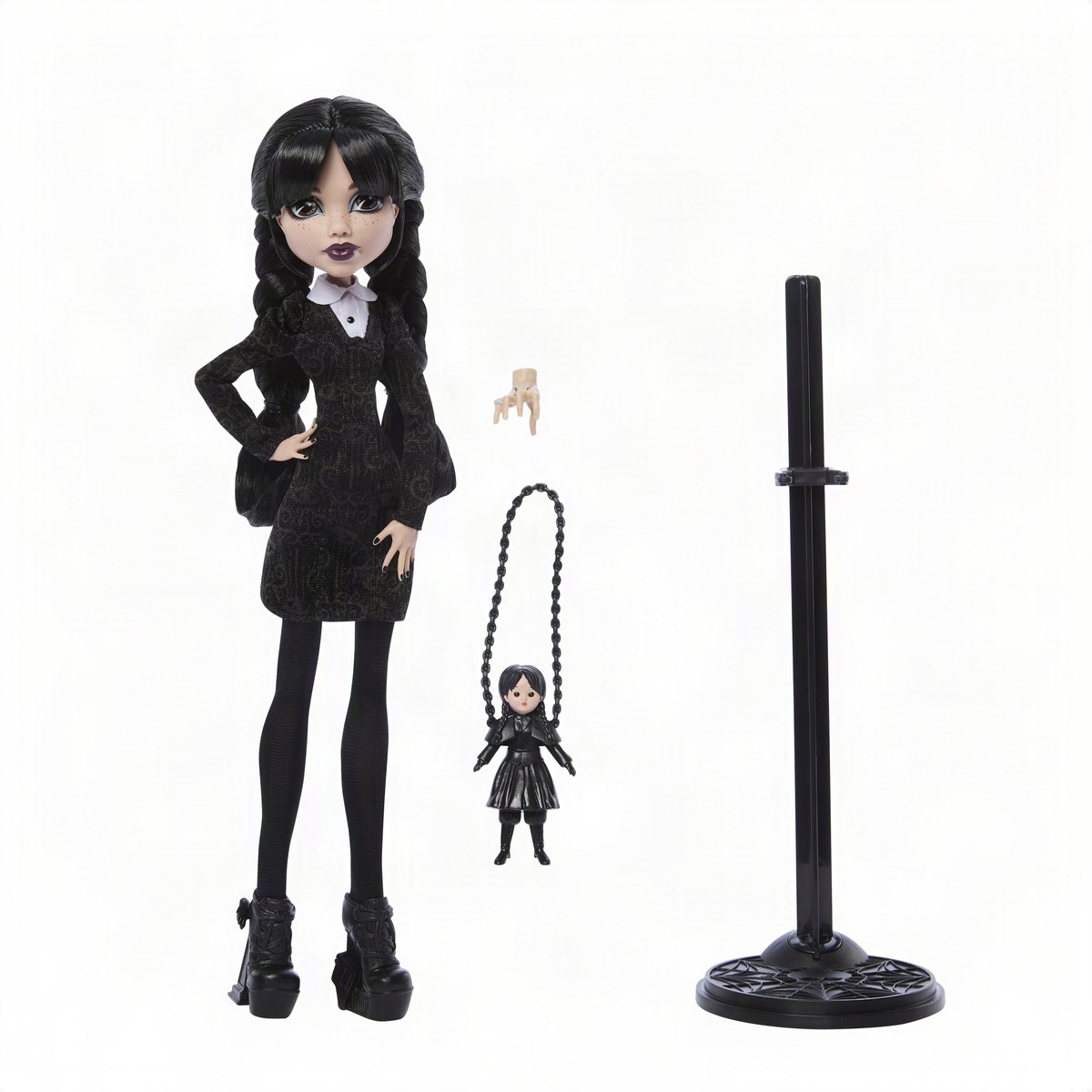 Monster High x Wednesday verzamelpop - Wednesday Addams in zwarte jurk met Thing als accessoire — afbeelding 6