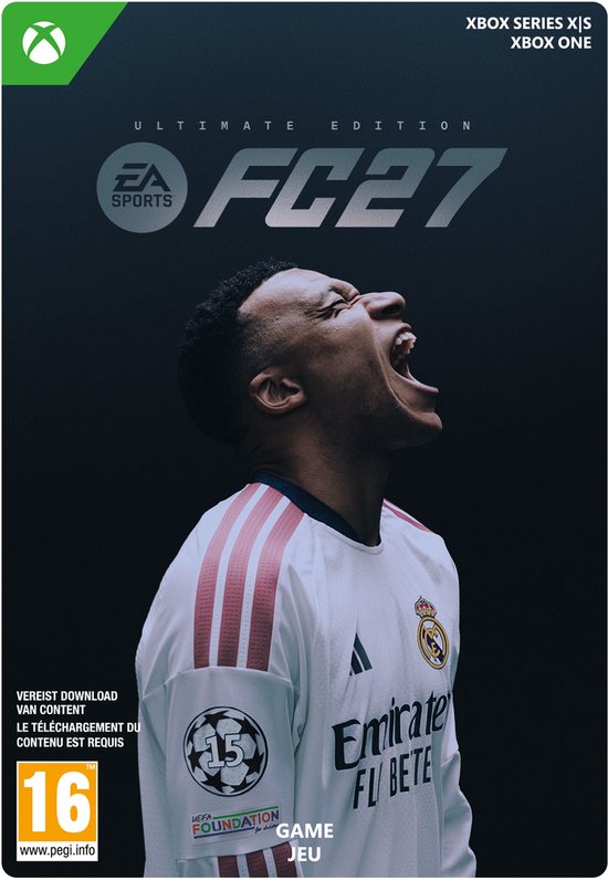 Ultimate Edition FC 27 gamehoes met een man in een Real Madrid shirt die schreeuwt, PEGI 16.