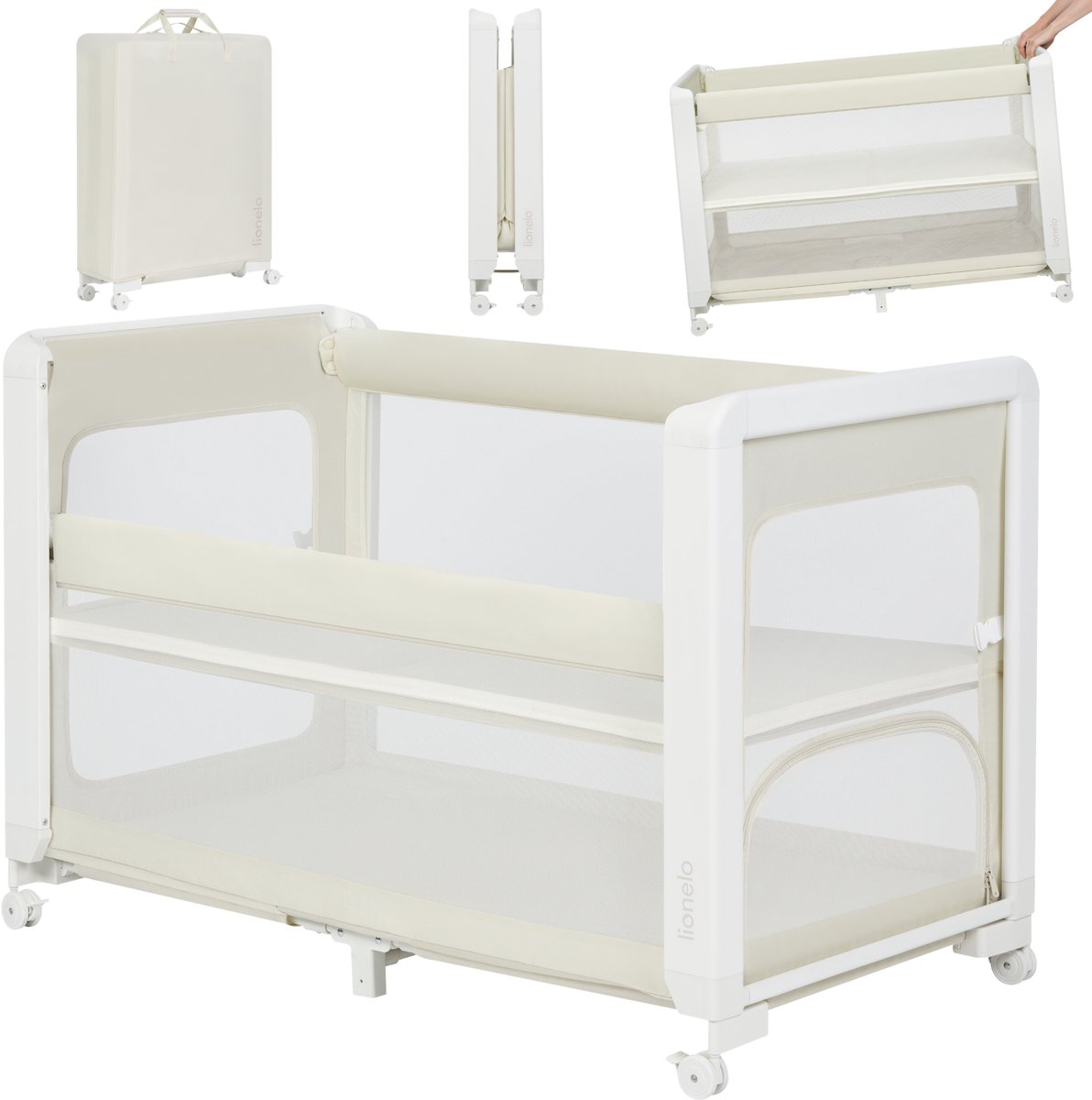 Lionelo Patty 5in1 Campingbed – Co-Sleeper, Reisbedje, & Babybed Kinderbox – 0-36 Maanden – 2 Hoogtes – T25 Matras – Snel Opvouwbaar – Zij-ingang – 4 Wielen met Rem – Inclusief Draagtas - Beige
