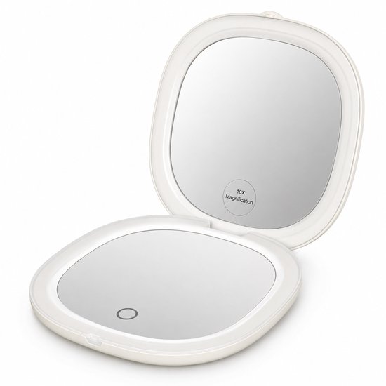 Wit opvouwbaar make-upspiegeltje met 10x vergroting en LED-verlichting.