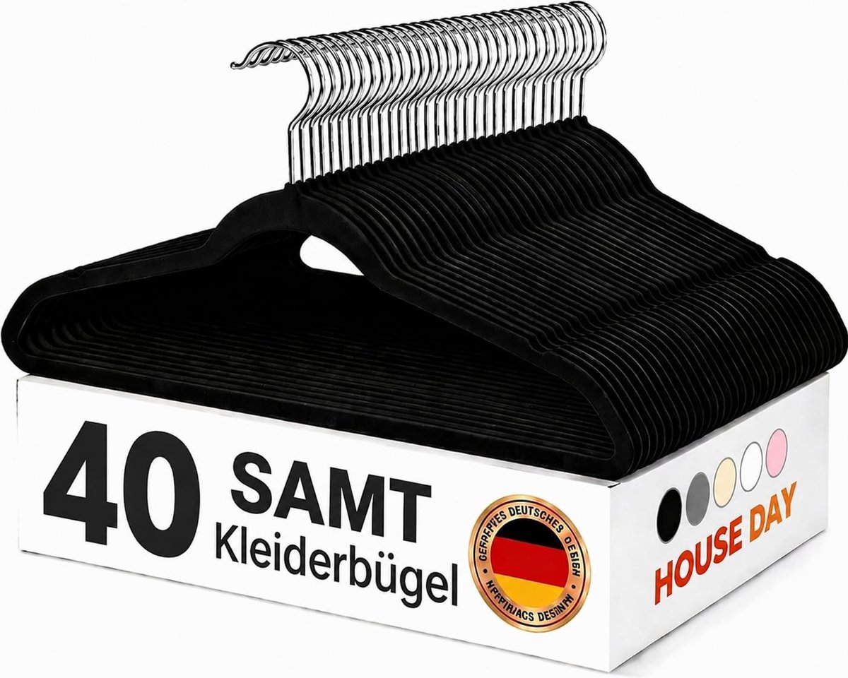 Houten kleerhangers - Zwart - 40 stuks - Fluwelen antislip hangers met 360° draaibare haak - Voor kledingopslag