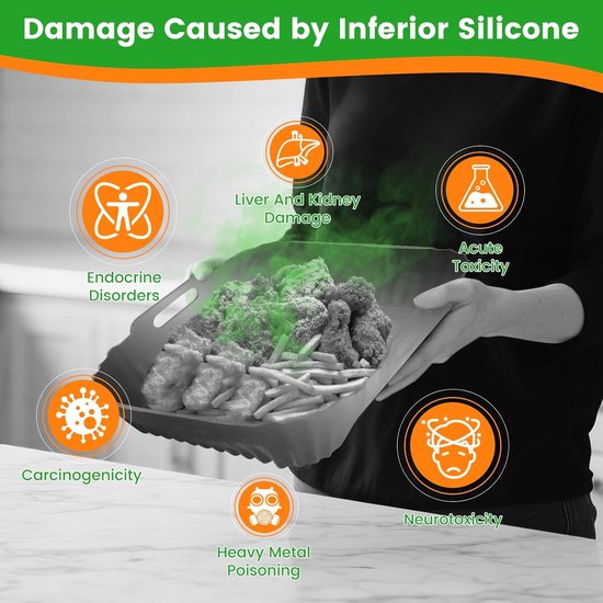 Een grijze airfryer mand met gefrituurd eten, met icoontjes die wijzen op gezondheidsrisico's zoals 'Endocrine Disorders' en 'Liver And Kidney Damage'.