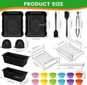 Afmetingen van diverse airfryer accessoires: manden, borstels, tangen, bakvormen en rekjes.