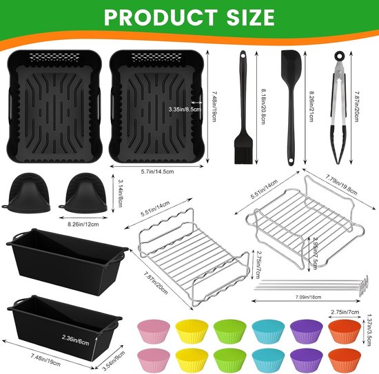 Afmetingen van diverse airfryer accessoires: manden, borstels, tangen, bakvormen en rekjes.