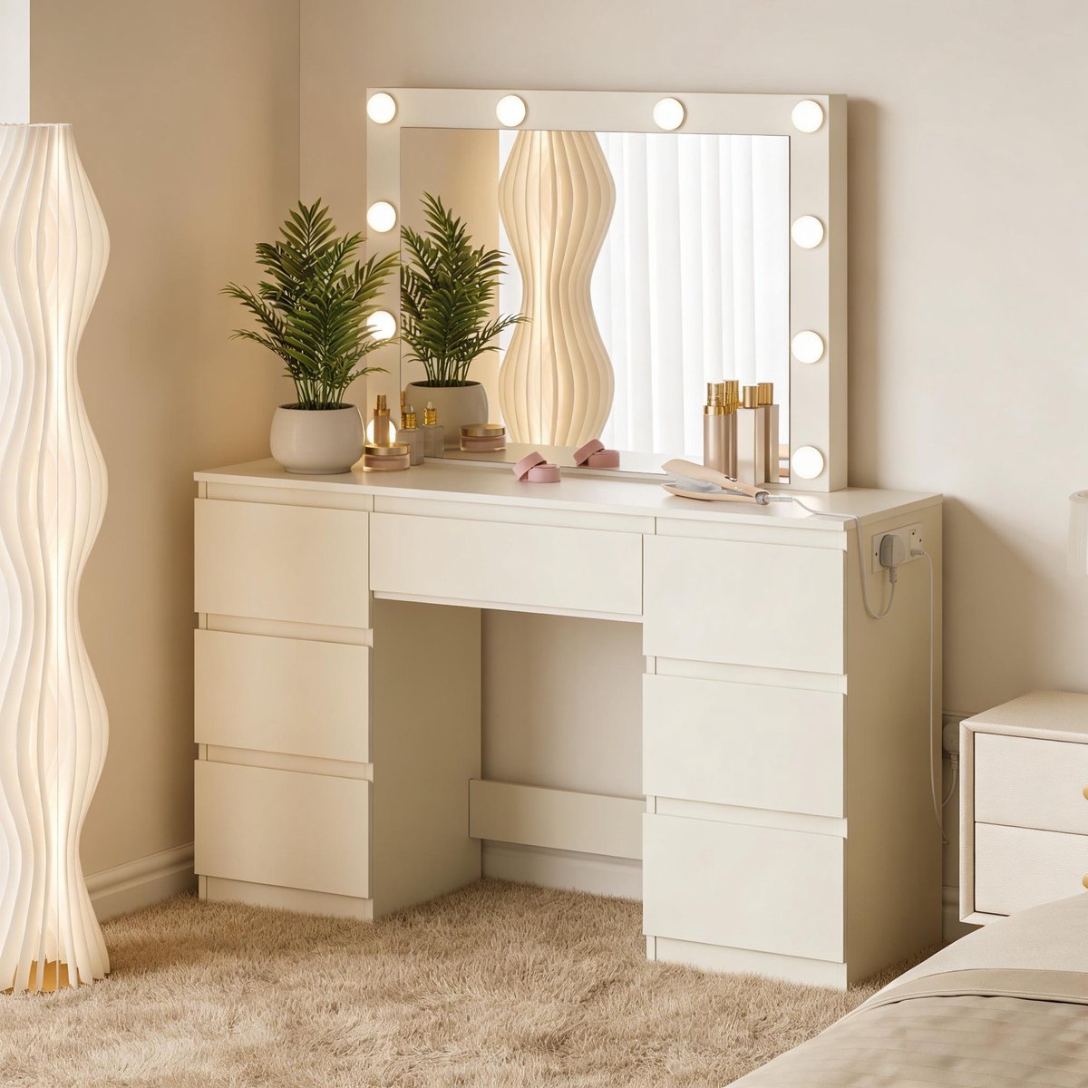 Wishdor Kaptafel met spiegel en ledverlichting - Modern wit make-upbureau met opberglades, geïntegreerde stopcontacten en usb-a/c - 110 x 39,5 x 140,5 cm