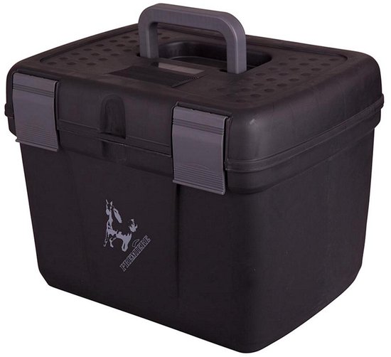 Zwarte poetsbox met grijze handgreep en sluitingen, met een paardenlogo.