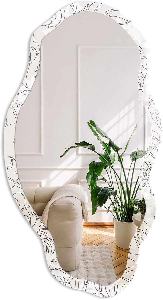 Coloray Monstera-Bladeren Spiegel - Beige Stijlvolle Wandspiegel - Organische Spiegel - Slaapkamer, Woonkamer, Kantoor - Lijntekening - 45x90 cm - Totale afmeting 52x97 cm