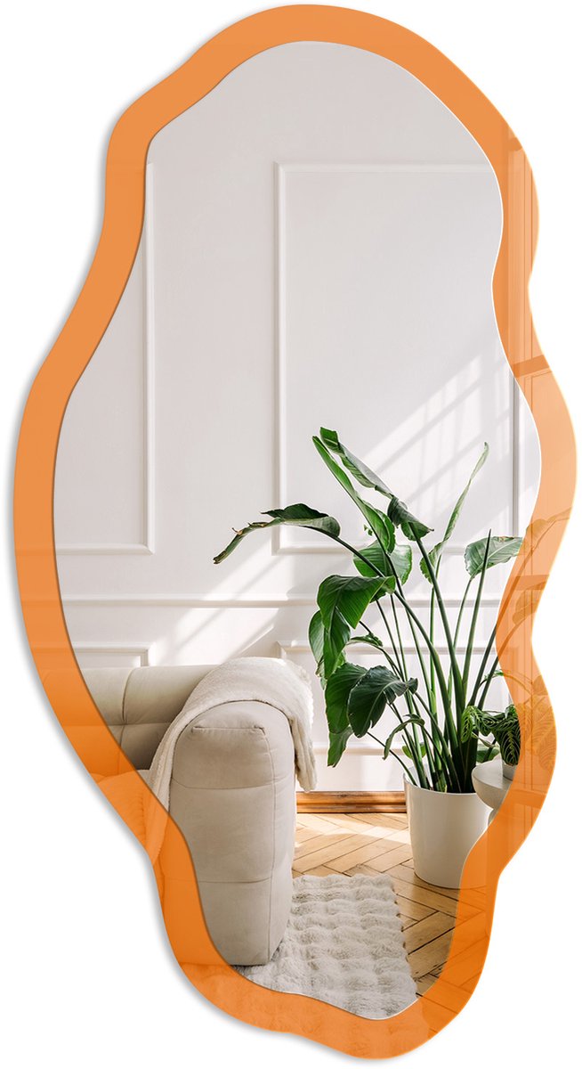 Coloray Sterk Oranje Spiegel - Oranje Strakke Rechthoekige Spiegel - Organische Spiegel - Kantoor, Woonkamer, Slaapkamer - Minimalistisch - 45x90 cm - Totale afmeting 52x97 cm Intens Oranje, Oranje