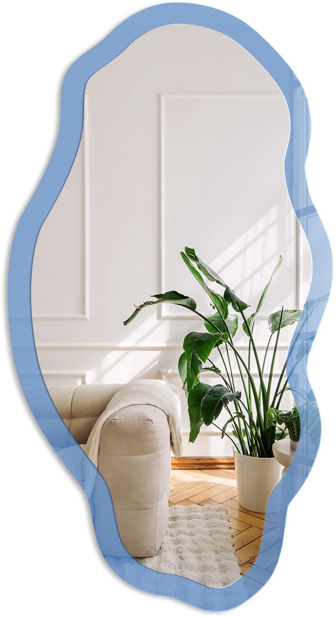 Coloray Blauwe Kleur Spiegel - Blauw Elegante Rechthoekige Wandspiegel - Organische Spiegel - Kantoor, Slaapkamer, Woonkamer - Minimalistisch - 45x90 cm - Totale afmeting 52x97 cm