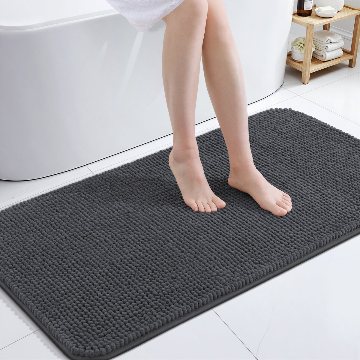 Olanly Badmat Antislip – Laag profiel Douchemat – Badmat Badkamer – Chenille Vloermat – Donkergrijs – 61X120cm