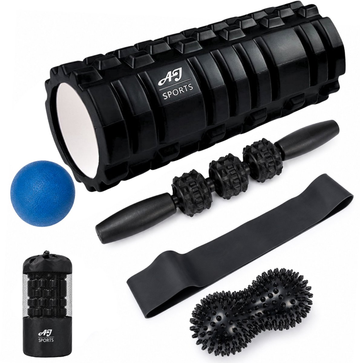 AJ-Sports Foam roller set 5 delig + GRATIS Weerstandsband - Massage set - Massage stick - Massage bal - Foam roller - Foamroller - Foamrollers - Grid Triggerpoint - Inclusief compacte draagtas - Fitness - Yoga