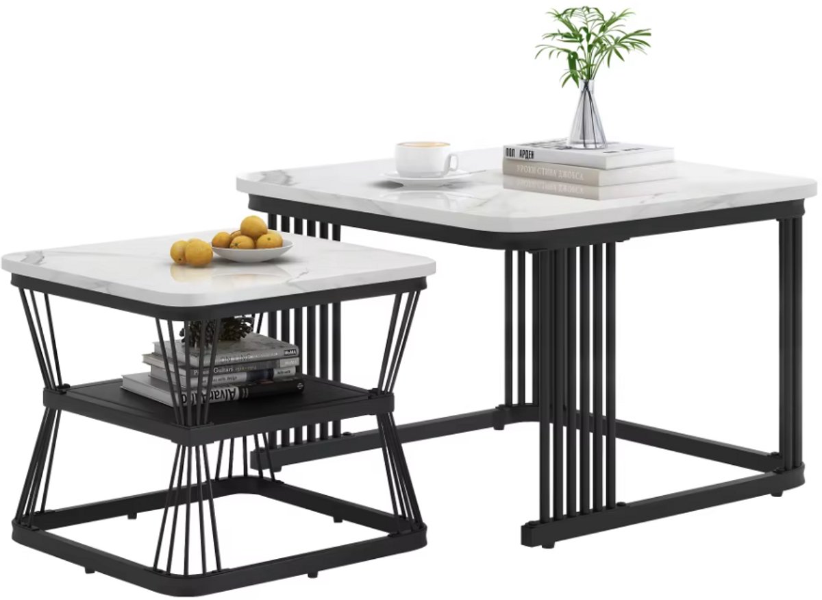 RosaBloom Bijzettafel - Salontafel - Loungetafel - Hoektafel - Set van 2 - 65x65x45 cm & 45x45x39,5 cm - MDF & Staal - Wit & Zwart
