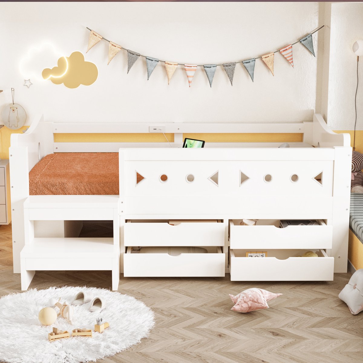 MIVRAY Kinderbed 90x200 cm Zonder Matras - Eenpersoonsbed Met Opbergruimte, 4 Lades, Veiligheidshekje En LED-Verlichting - Voor Kinderkamer - Hout - Wit