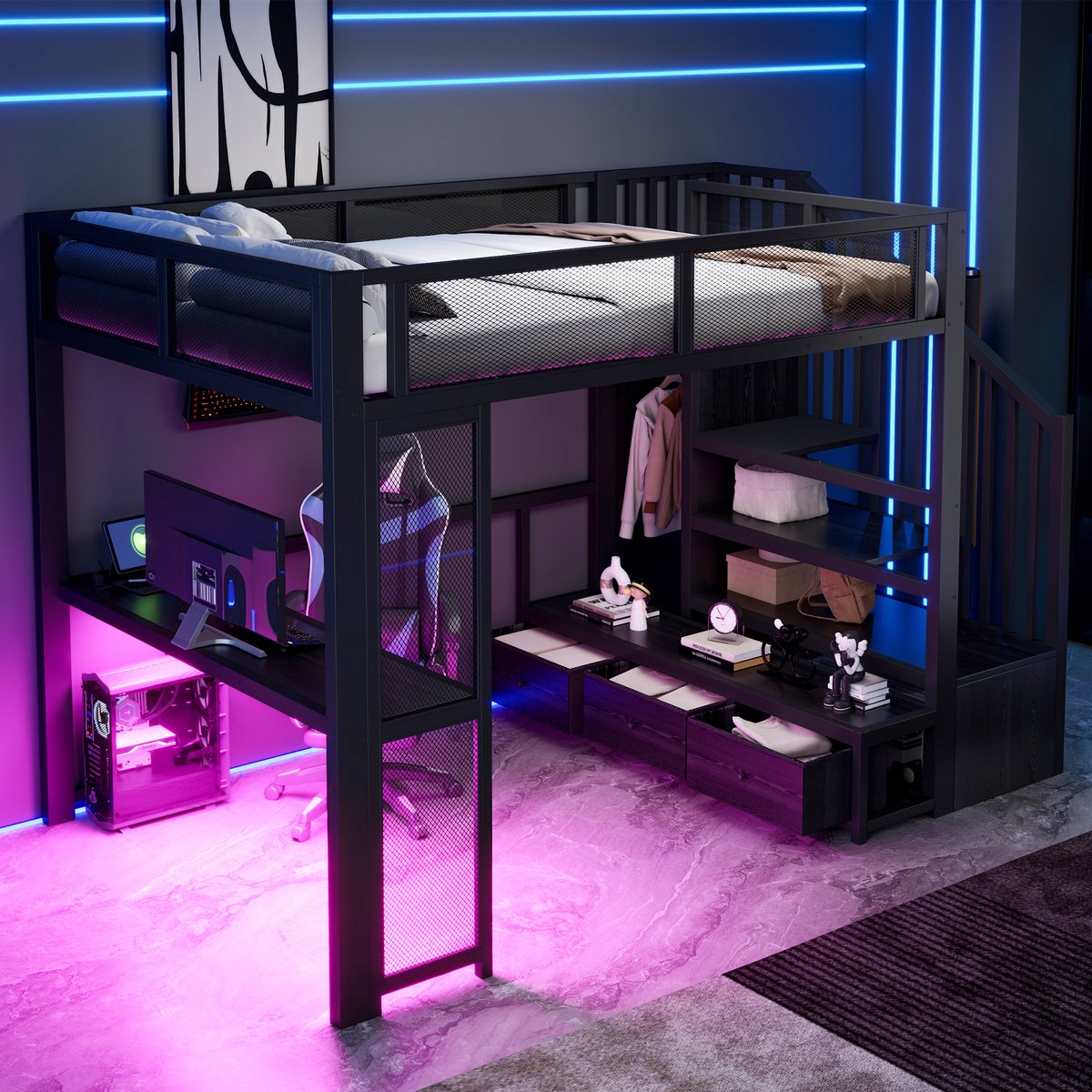 OKWISH Hoogslaper 140 x 200 Cm Met Zonder Matras - Met Bureau, Opbergruimte, Trap, Led Verlichting En Open Kledingkast - Zwart