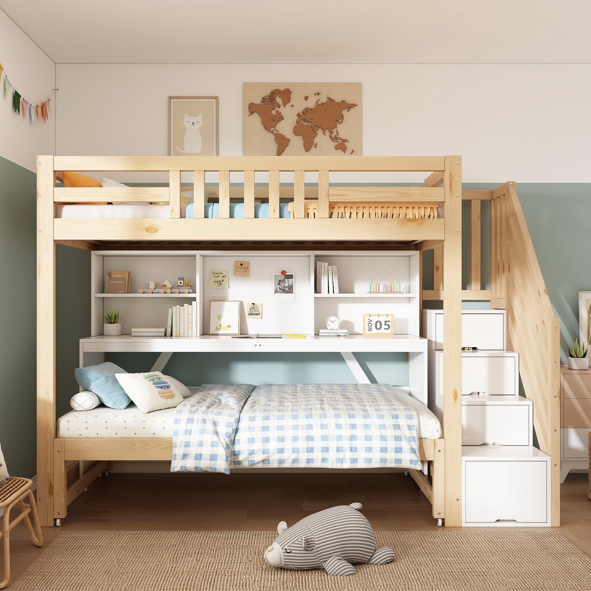 MIVRAY Stapelbed 90x200 En 90x190 Zonder Matras - Kinderbed Met Bureau En Opbergruimte - Met Trapkast En Uitvalbeveiliging - Hout - Wit En Eiken Eiken, wit
