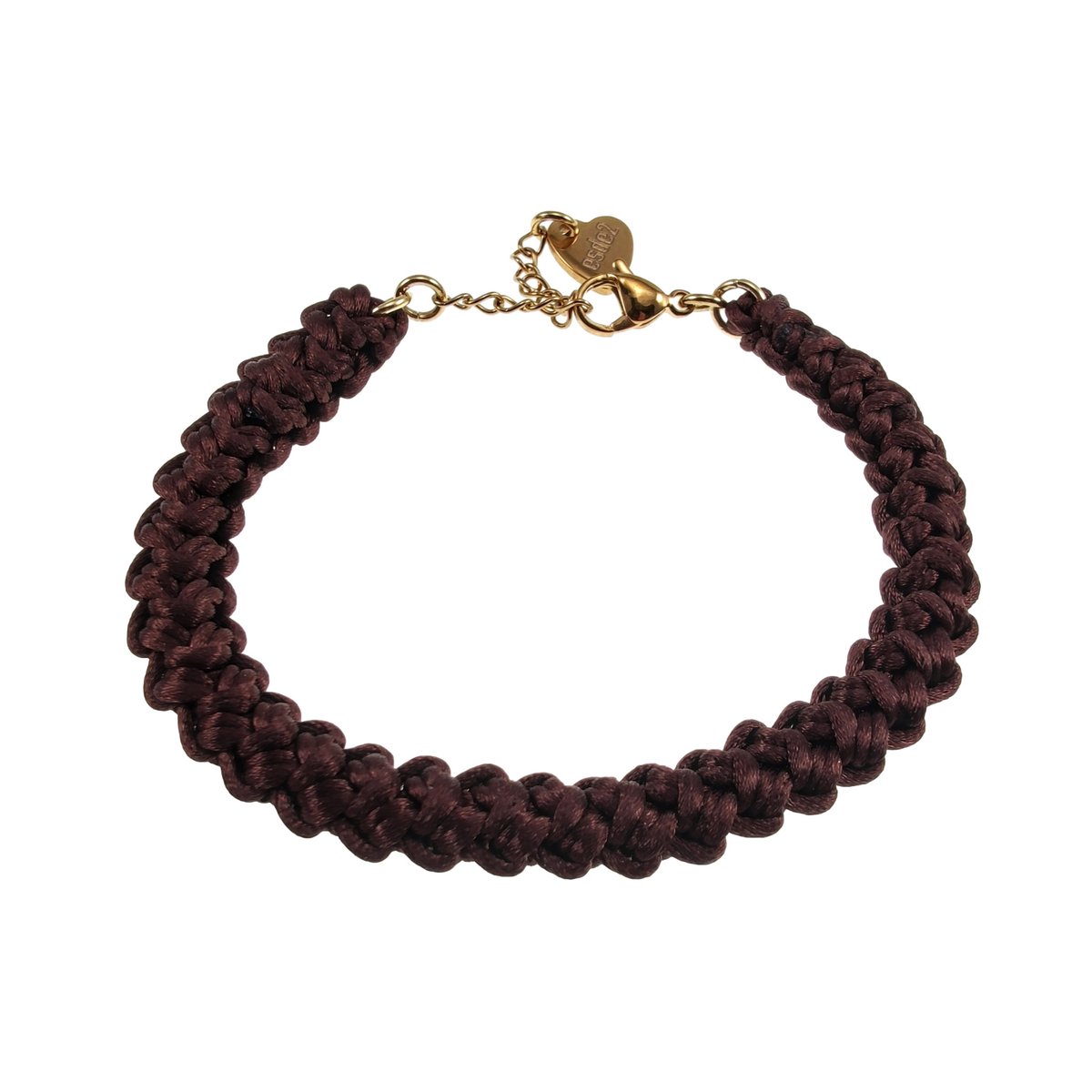Gehaakte Damesarmband van Donkerbruin Satijnachtig Nylonkoord, RVS Verguld, Handgemaakt door esde2 - Verstelbaar 15 tot 18 cm