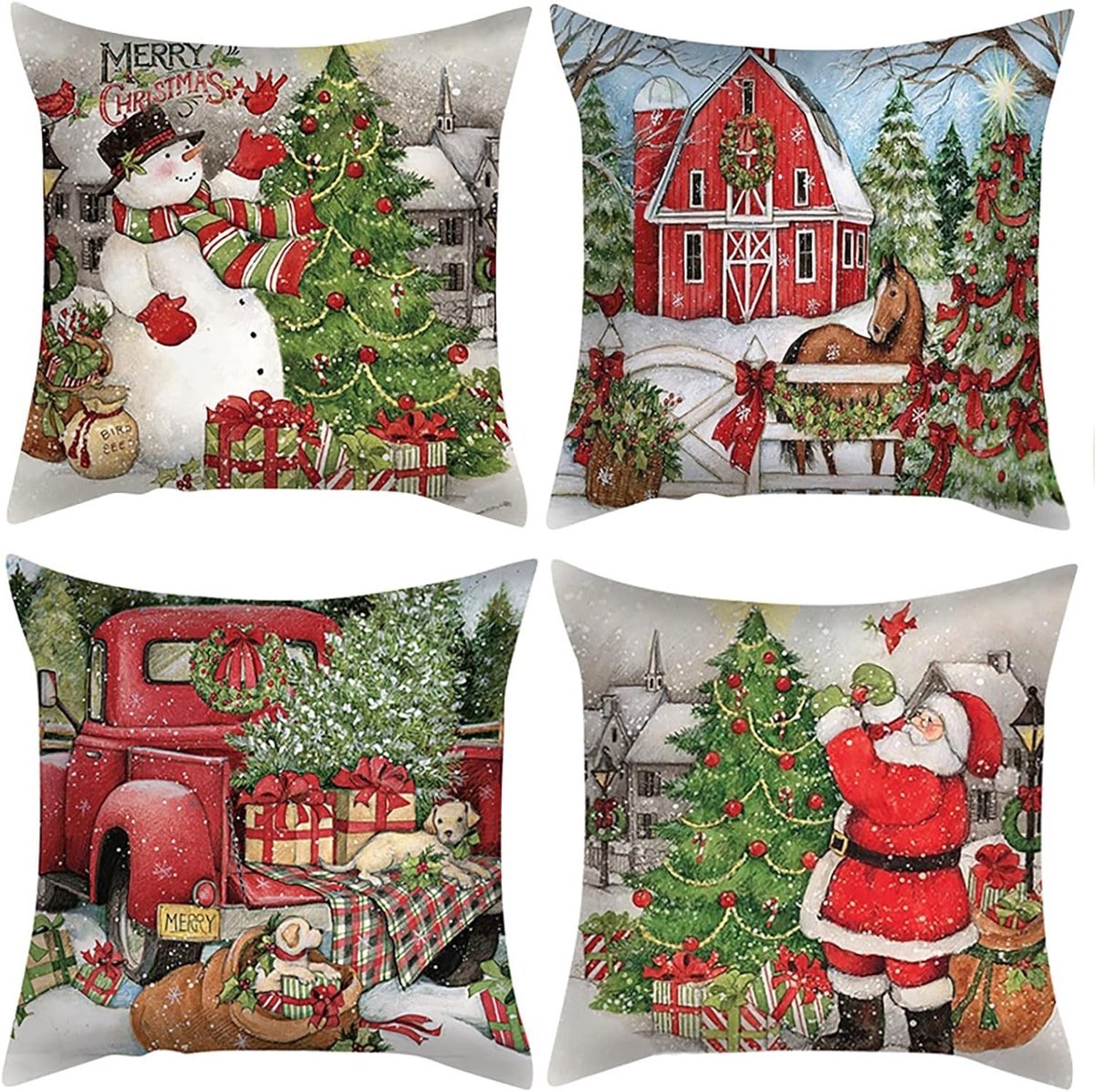 Set van 4 Kerst Kussenhoezen voor Woondecoratie - Linnen Kussens voor Bank, Slaapkamer en Tuin (45 x 45 cm)