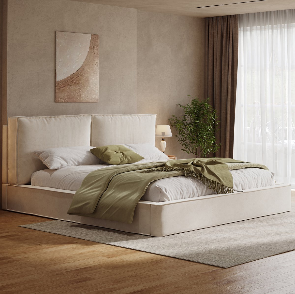 FloraGrace Gestoffeerd Bed 180x200 cm - Gepolsterd Hoofdbord en Lattenbodem - Zonder Matras - Tweepersoons Chenille - Beige