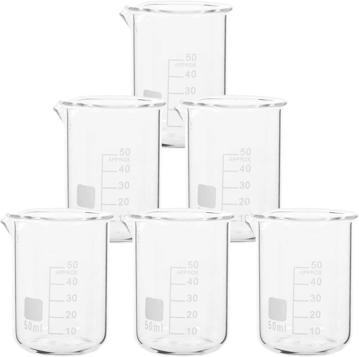 Set van 6 Graduated Beakers - Chemische Meetbekers van Glas voor Laboratorium, Koken en Bakken - 50ml Laboratorium Glazen Cups voor Experimenten