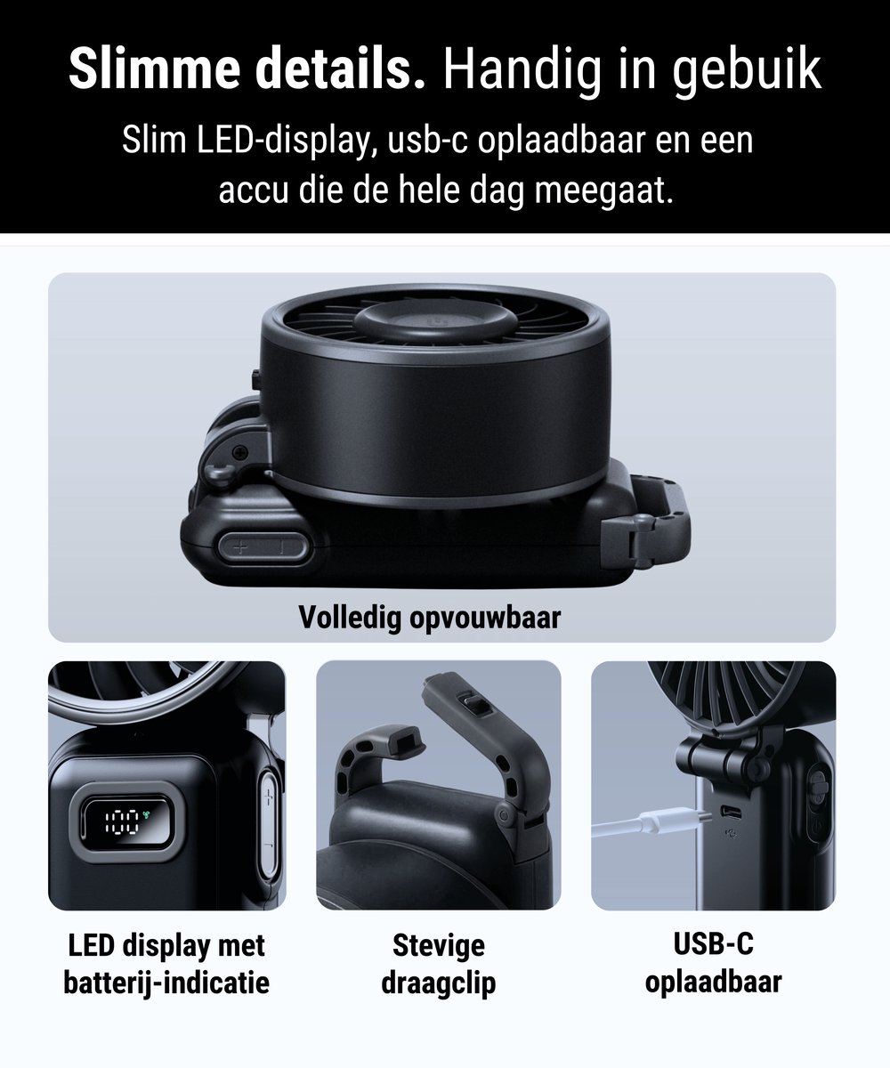 Handventilator oplaadbaar | DUO SET AIR 100 | High Speed Blaaskracht | Black & White (1x zwart + 1x wit) | Waaier Mini Ventilator | Verkoelende Airflow — afbeelding 6