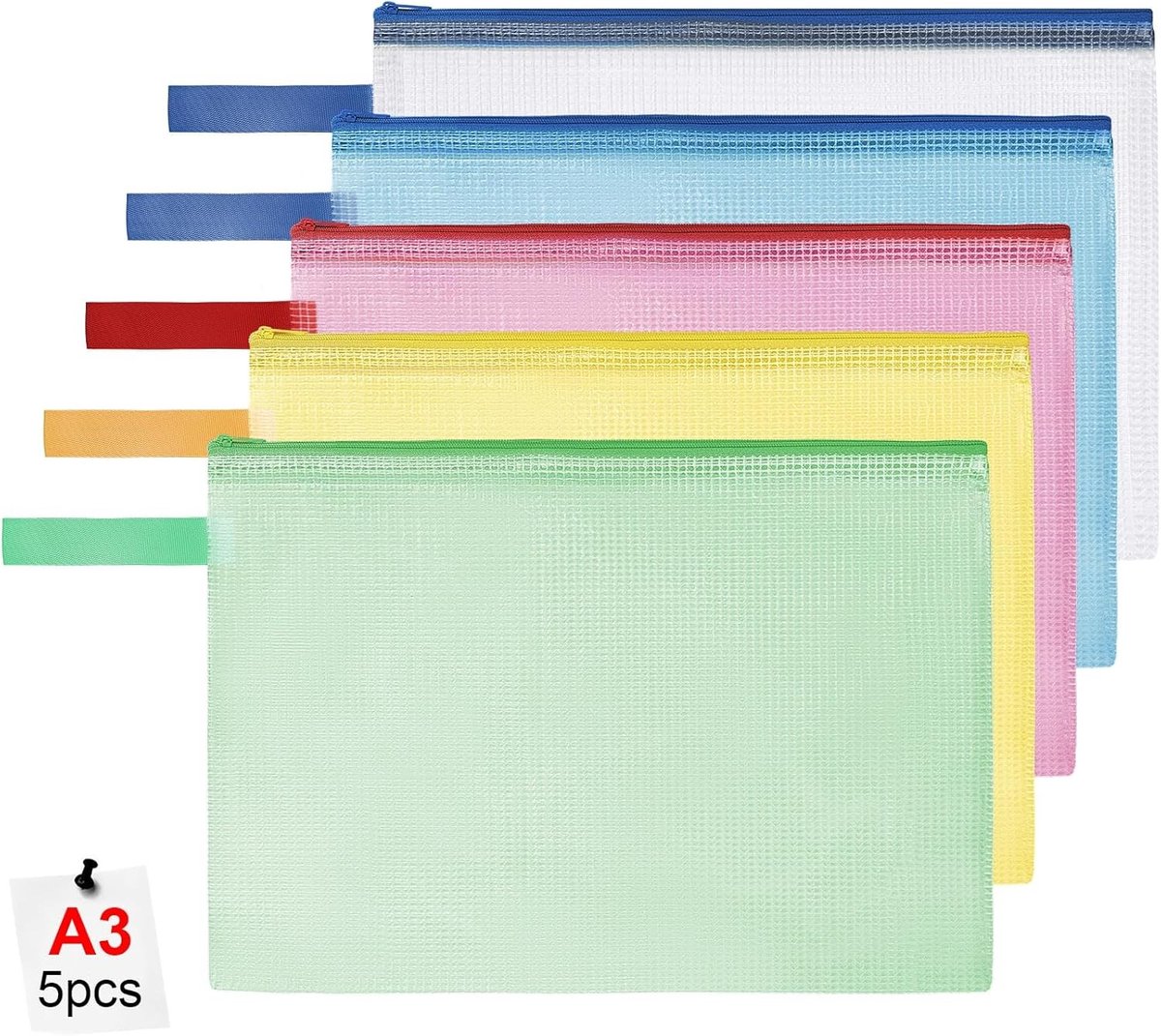 Documententas A3 met 5 Waterdichte Zip Zakjes, Mesh Plastic Bestandenmap voor School, Thuis en Reizen, Ideaal voor Kantoor en Cosmetica, Verkrijgbaar in 5 Kleuren