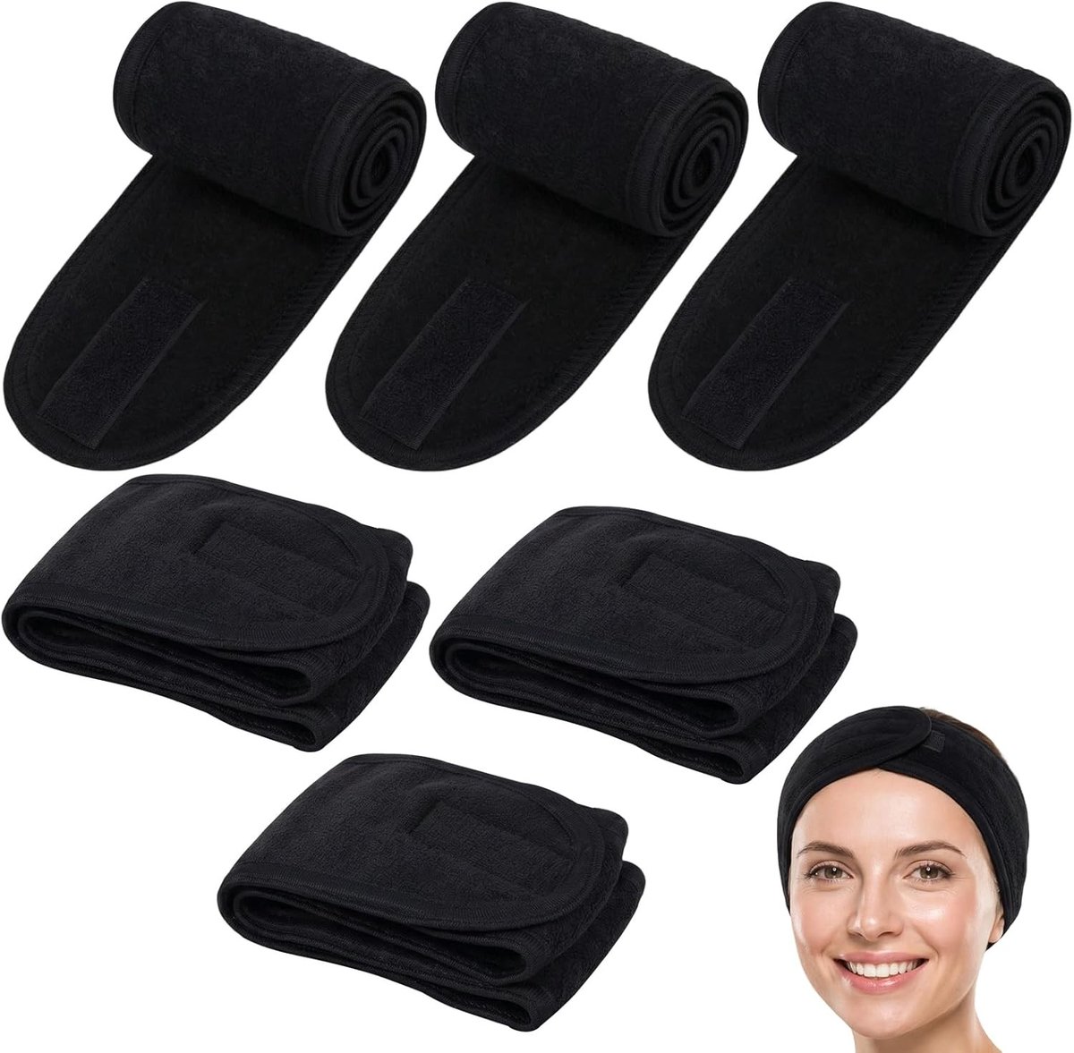 Zwarte Haarbanden voor Dames - 6 Stuks Wasbare Hoofdbanden voor Make-up, Yoga en Douchegebruik