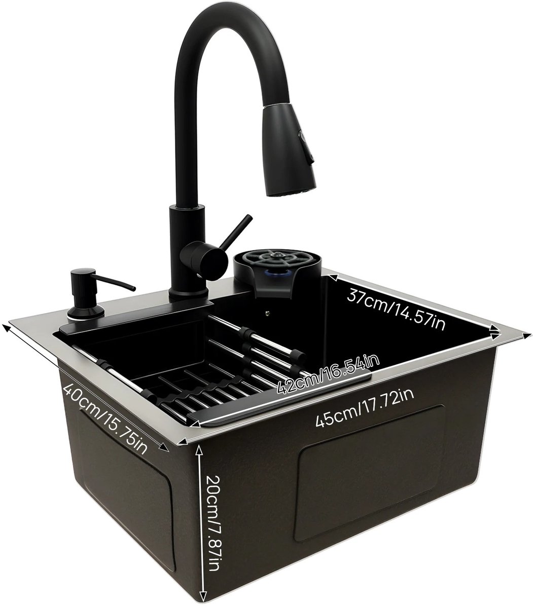 Sello! spoelbak – keukenspoelsbak – afwasbak – uittrekbare kraan 40 cm – zeepdispenser 300ml – rvs – zwart – binnenmaat 42×37×20 cm