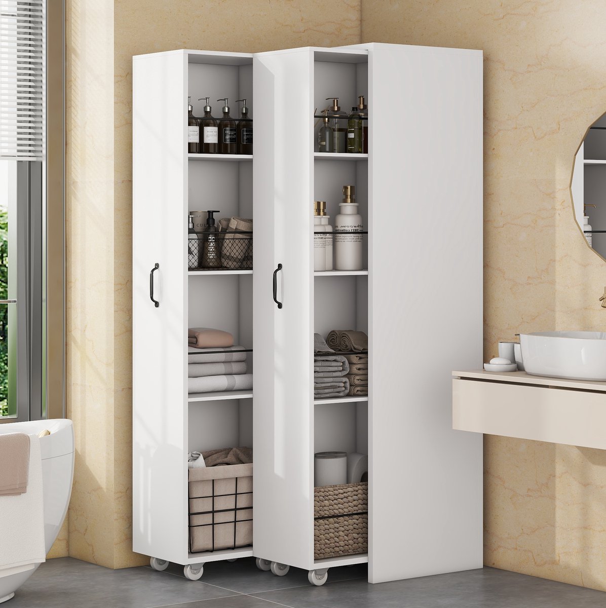FloraGrace Boekenkast - Uitschuifbaar Met Wielen En 4 Niveaus - Voor Badkamer Keuken Of Woonkamer - MDF - 51,5x41x158 Cm - Wit