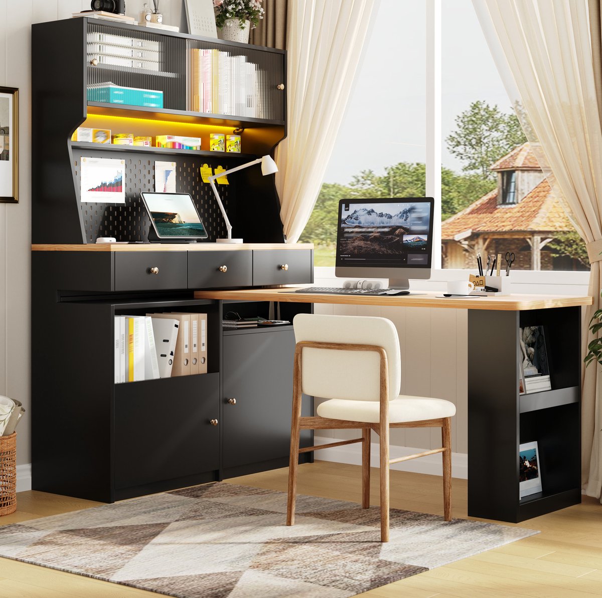 FloraGrace Dressoir - Hoge Kast Met Bureau En Ledverlichting - Met Glazen Schuifdeuren En Verstelbare Planken - MDF En Glas - 137x74x177,7 Cm - Zwart