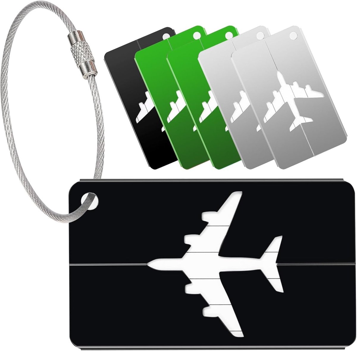 Set van 6 Waterdichte Aluminium Bagagetags met Adresplaat en RVS Kabel - Ideaal voor Koffers, Tassen en Handbagage in Zwart, Zilver en Groen
