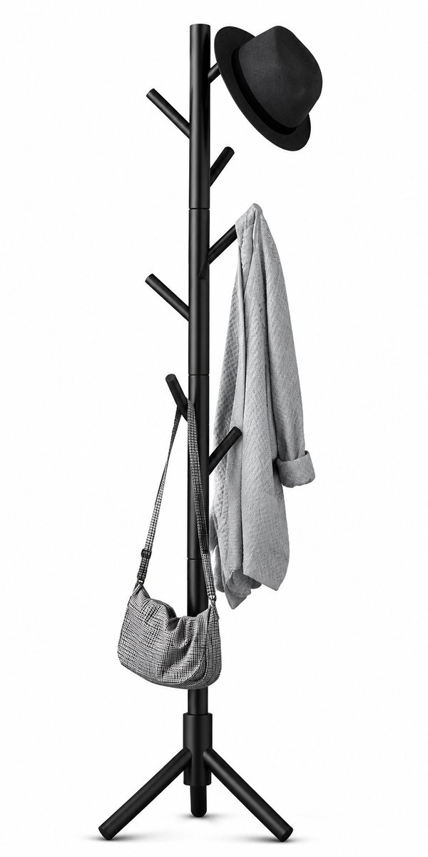 Staande Kapstok 175 cm - Houten Garderoberek met 8 Haken - Vrijstaande Kapstok voor Hal, Entree, Woonkamer en Slaapkamer - 3 Poten - Zwart