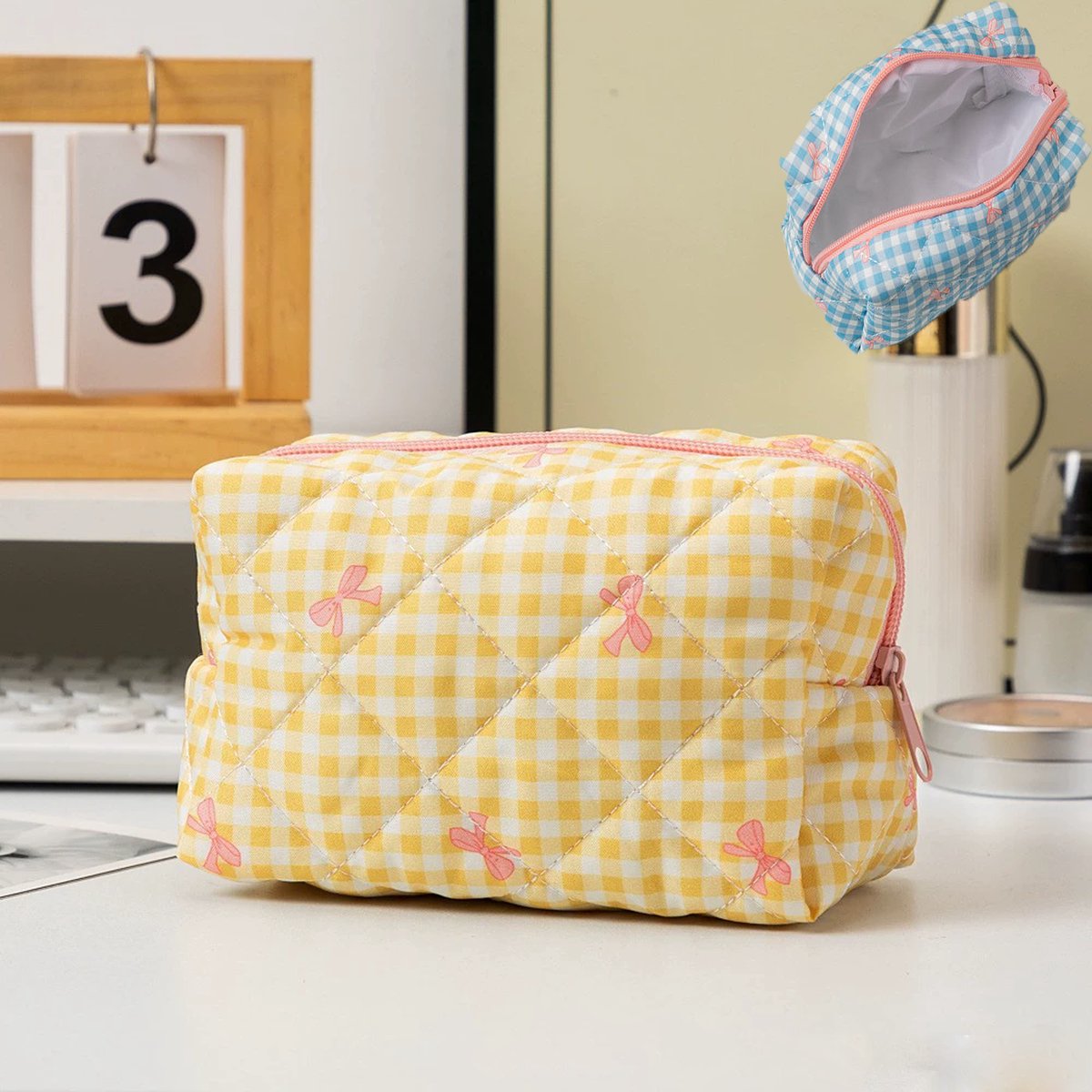 KZQ Gestepte katoenen make-up tas en potloodetui met strik en bloemenprint - Schattige kawaii reis cosmeticatas en pennenetui voor dames en meisjes - Geel