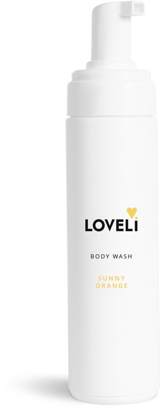 Witte Loveli "Sunny Orange" body wash fles met pompdispenser op een witte achtergrond.