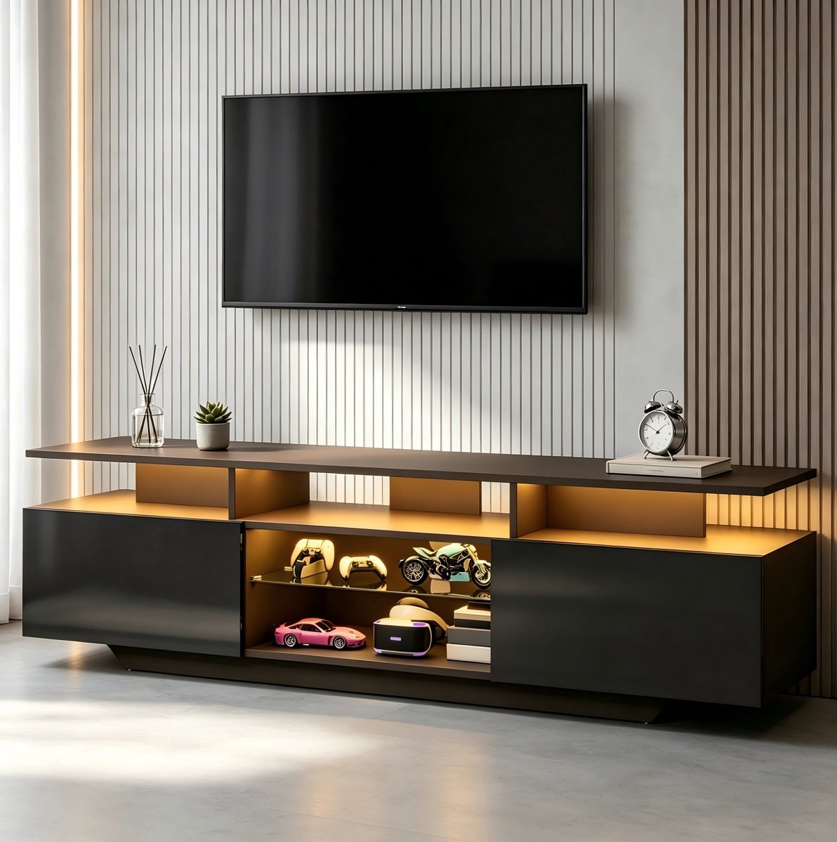 MIVRAY Halmeubel - Tv-Meubel Met LED-Verlichting En 2 Deuren - Voor Woonkamer En 70 Inch Televisie - MDF En Glas - 160x40x45 Cm - Zwart