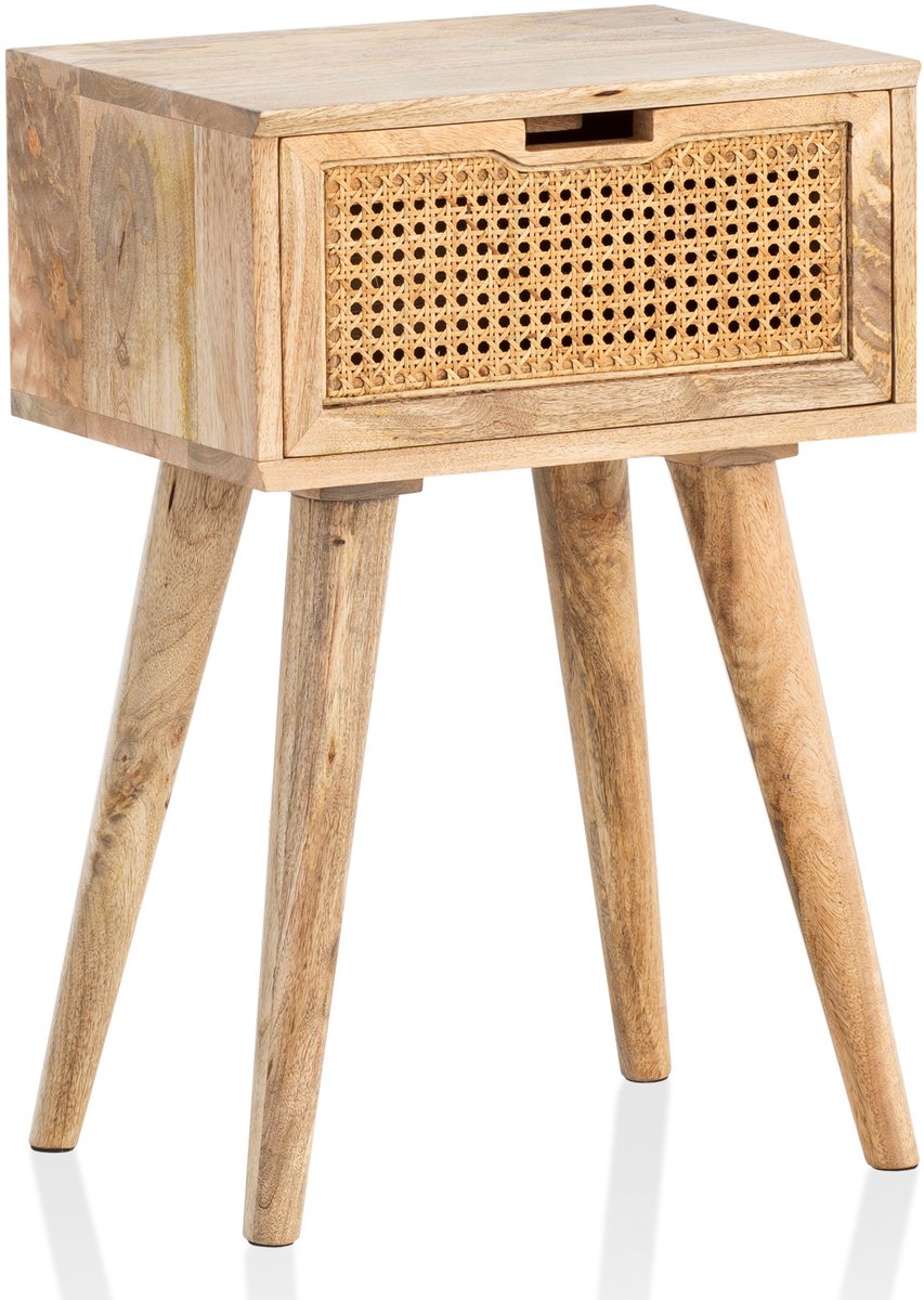 Ervesto Nachtkastje Mango Massief Hout WL6.807 - Nachtkastje - Bijzettafel - Bruin Rotan Lade - 40x60x30 Cm - Handgemaakt - Voor Boxspringbed