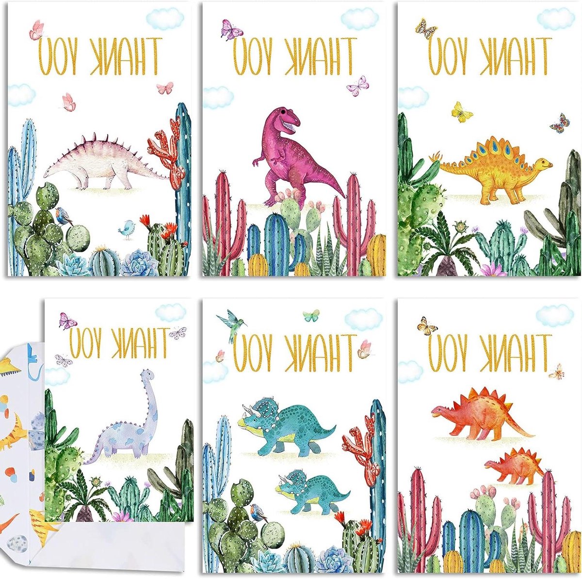 Bedankkaarten Set - Dino Kaartjes - Kinderfeest Viering - Waterverf Ontwerp - 36 Stuks - Multicolor