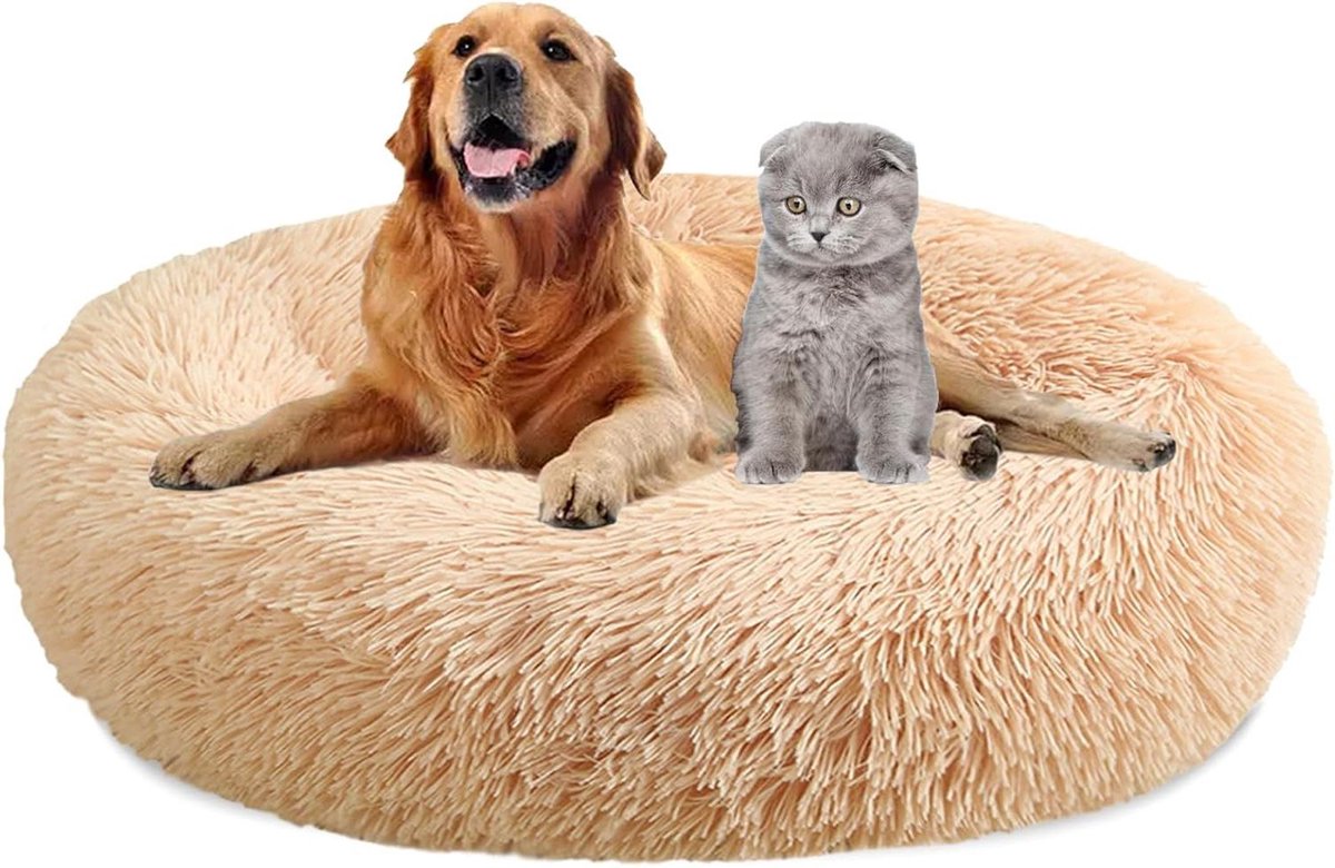 Huisdierbed rond - Pluche donut - Comfortabel slapen - Antislip bodem - Ø 60 cm - Abrikoos