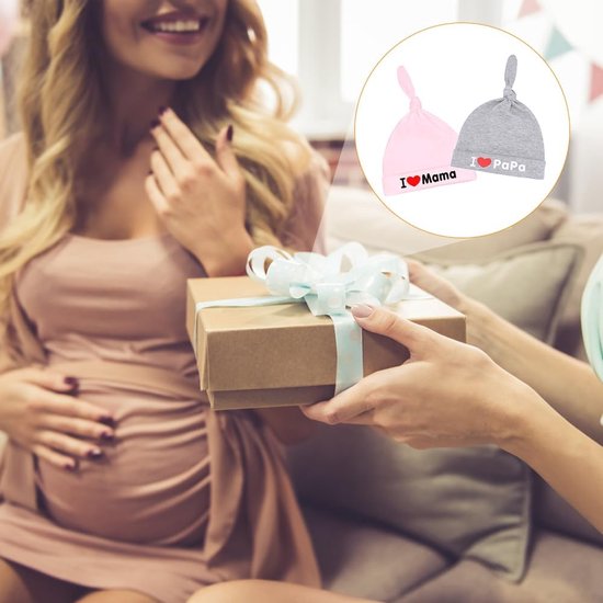 Baby mutsjes - Mama Papa - Baby outfit - Zachte katoenmix - 0-3 maanden - Grijs en roze — afbeelding 3