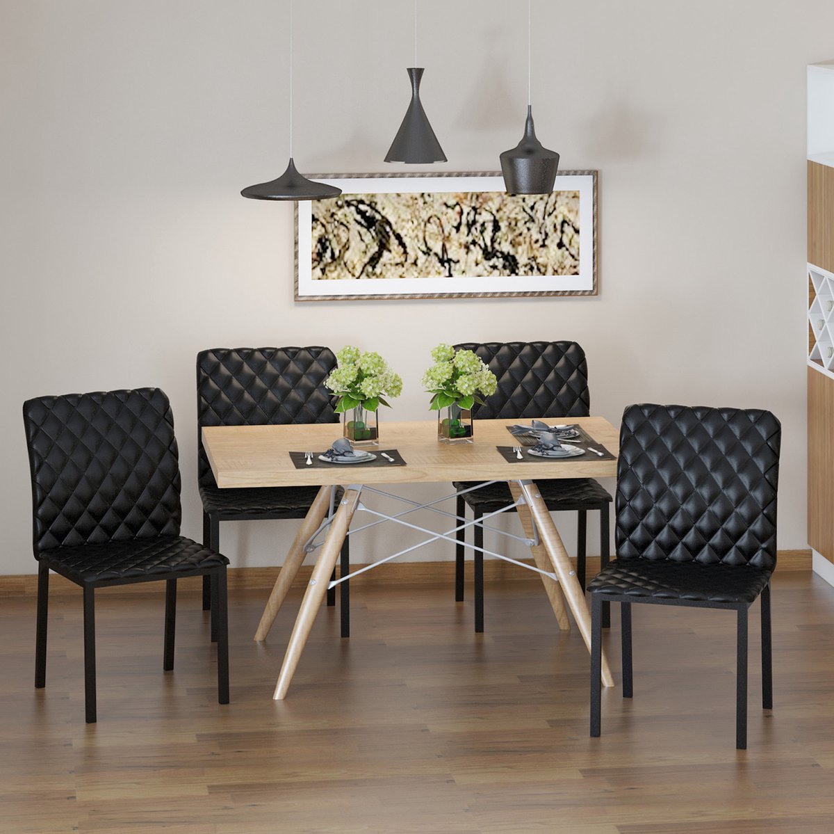 MEUNIQ set van 4 eetkamerstoelen 41 x 50 x 91 cm met hoge rugleuning, gewatteerde zitting, kunstleer en stalen poten voor eetkamer of keuken zwart