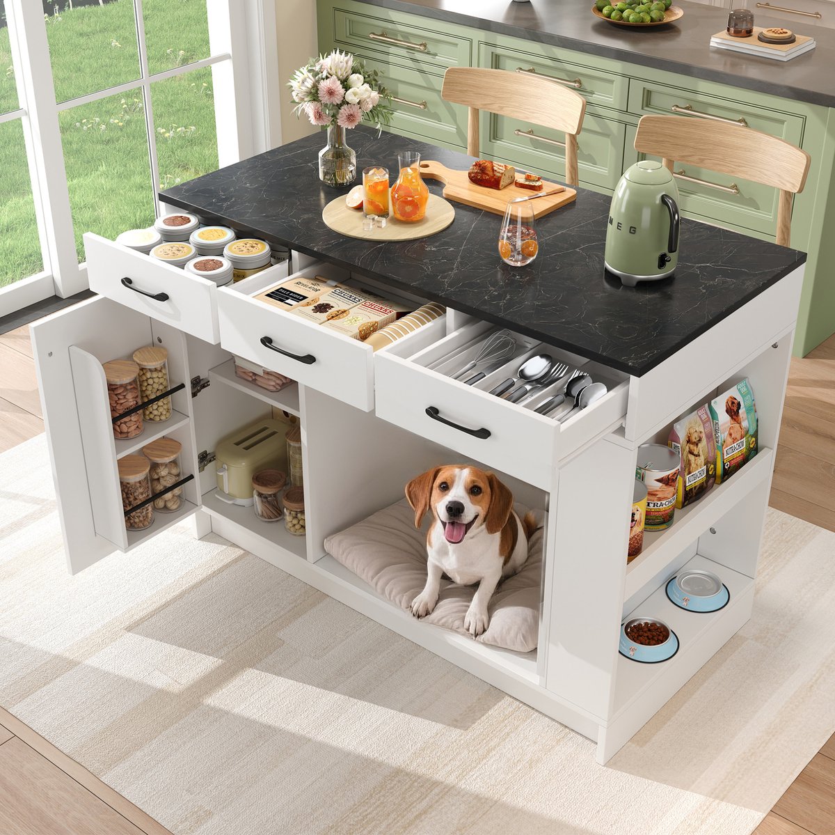 MIVRAY Keukeneiland - Keukenkast Met 3 Lades En Verstelbare Plank - Voor Keuken En Woonruimte - Houtmateriaal - Wit - 120x60x90 Cm