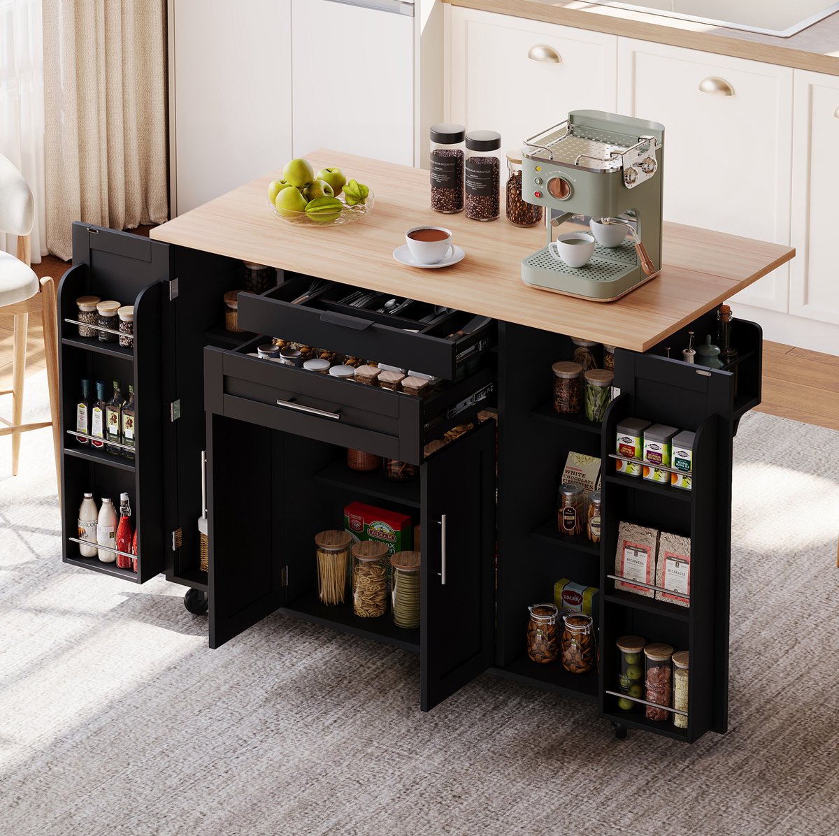 DESMIU Keukenkast - Mobiele Keukeninsel Met Uitschuifbaar Werkblad En Opbergruimte - Voor Keuken En Eethoek - MDF - 136x70x92 Cm - Zwart Naturel