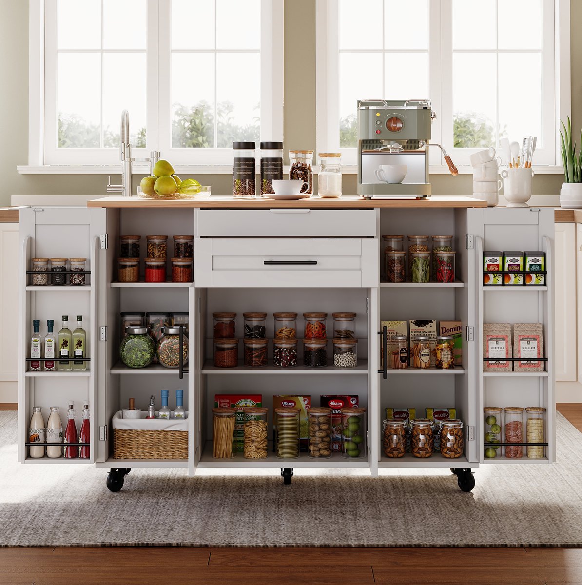 DESMIU Keukenkast - Mobiel Keukeneiland Met Uitschuifbaar Werkblad En Laden - Voor Keuken En Eethoek - MDF - 136x70x92 Cm - Wit Naturel