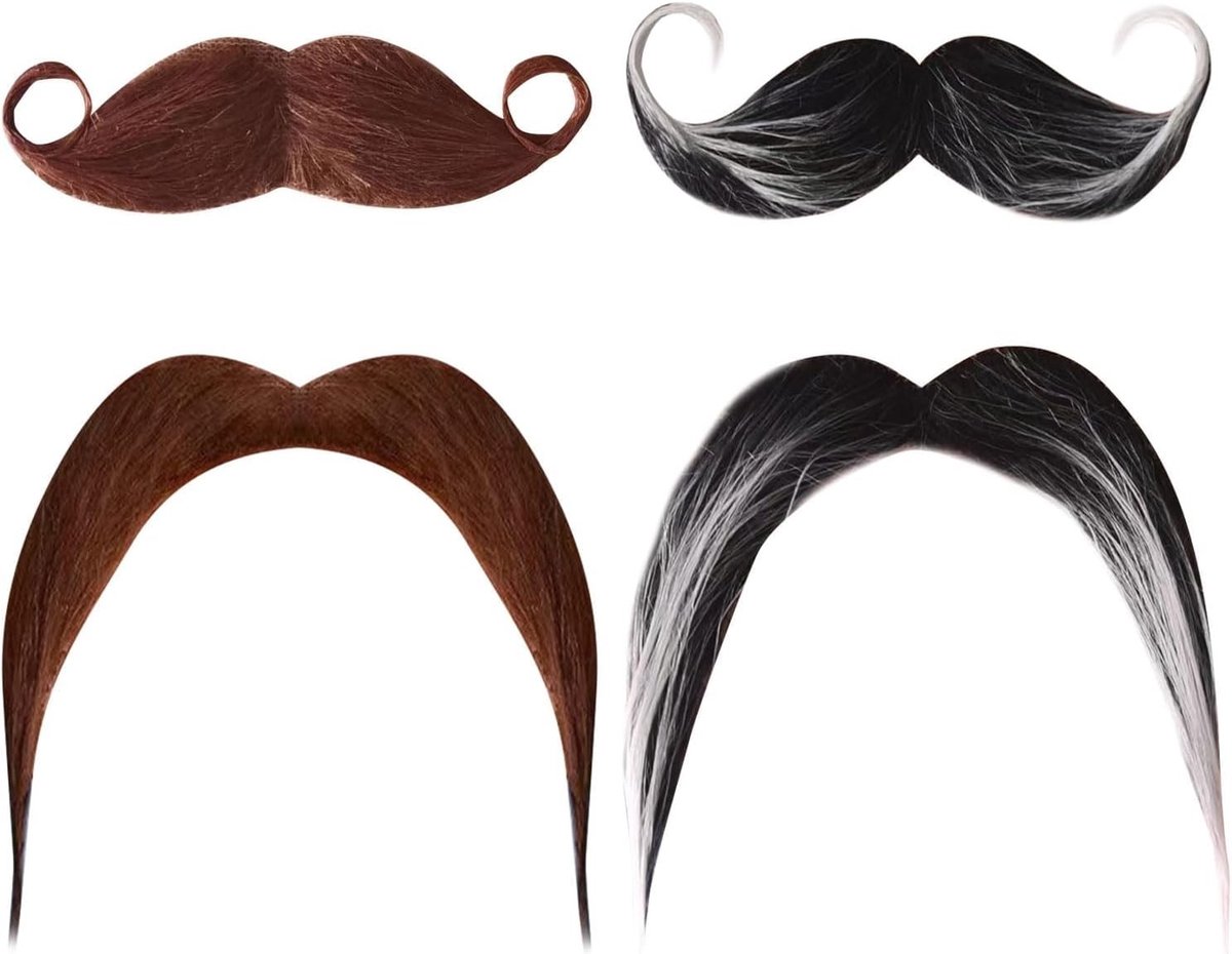Neppartij Snorren en Baarden voor Kostuums - Zelfklevende Accessoires voor Volwassenen en Kinderen - Perfect voor Cowboy en Detective Outfits (4 Stuks)