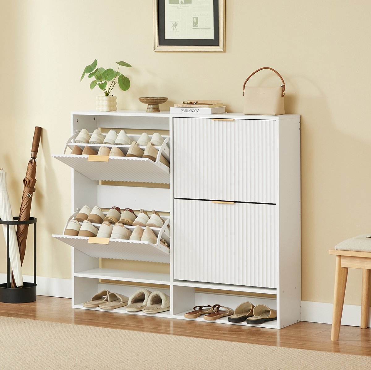 FloraGrace Schoenenkast - Smal Design Met Klapdeuren En Anti-Kantelbeveiliging - Voor Hal En Entree - MDF - 120x24x102 Cm - Wit